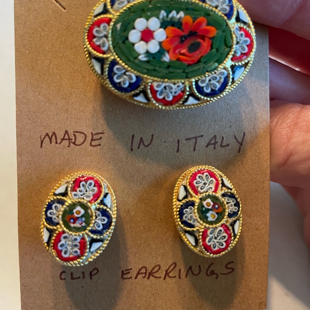 Italian Mosaic Clip Earrings and Brooch Set